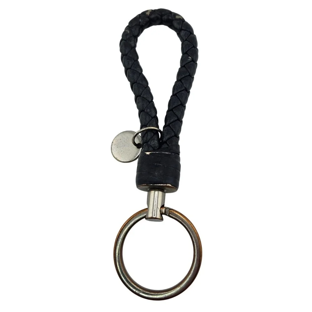 Bottega Veneta Intrecciato Woven Leather Keychain Black Silver Tone Logo Charm